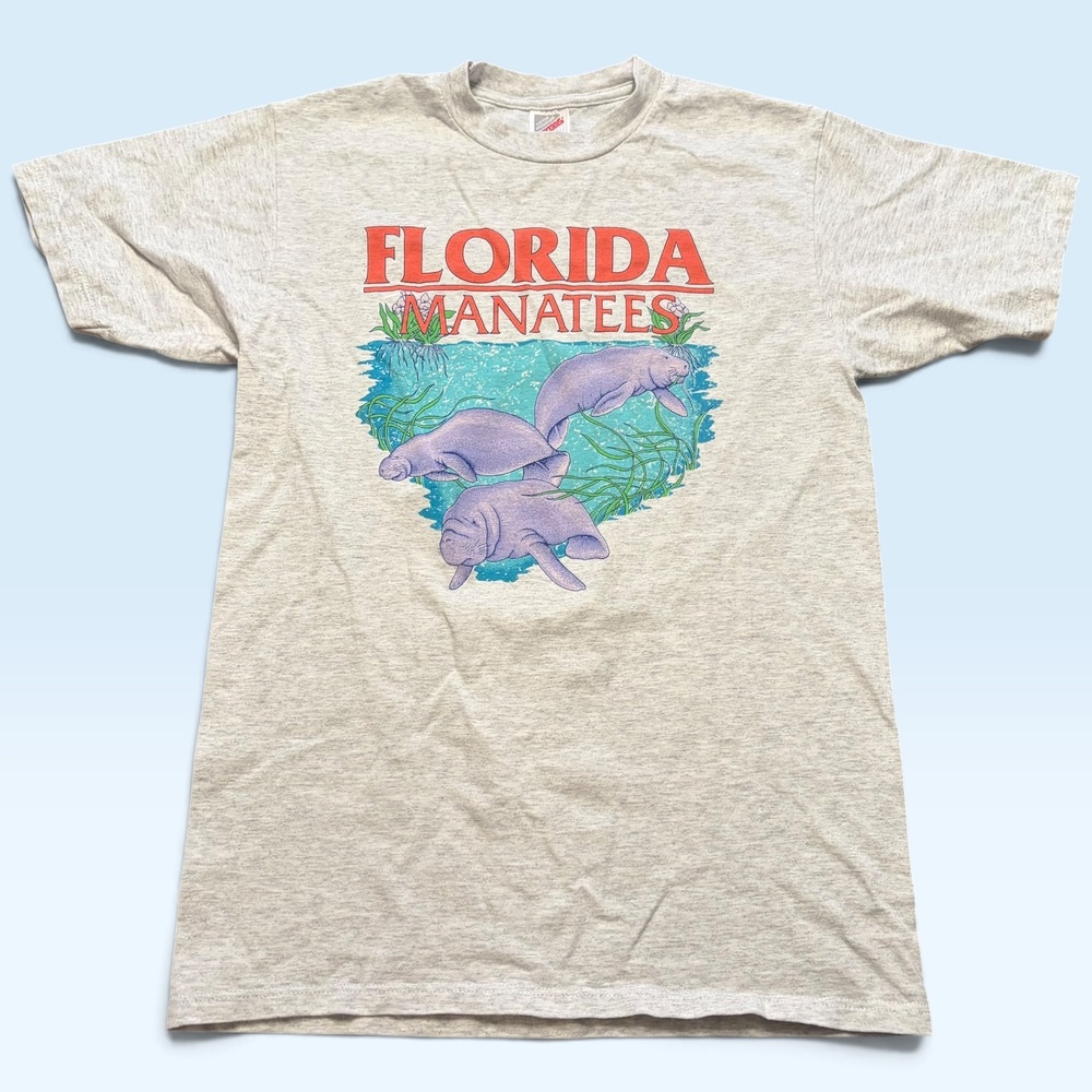 Vintage Jerzees Shirt Mens Medium Gray Florida Manatees Graphic Tee T-Shirt USA